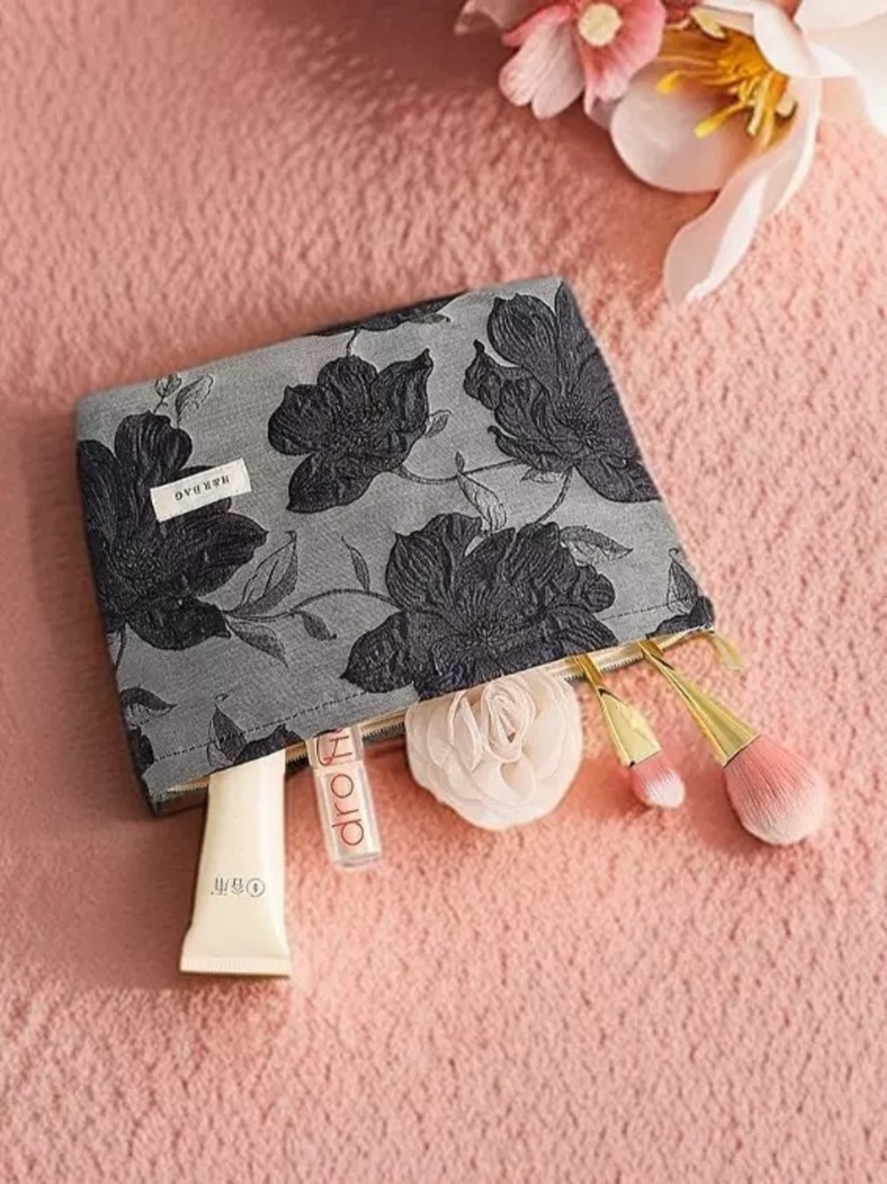 Embroidered Floral Gray Cosmetic Bag
